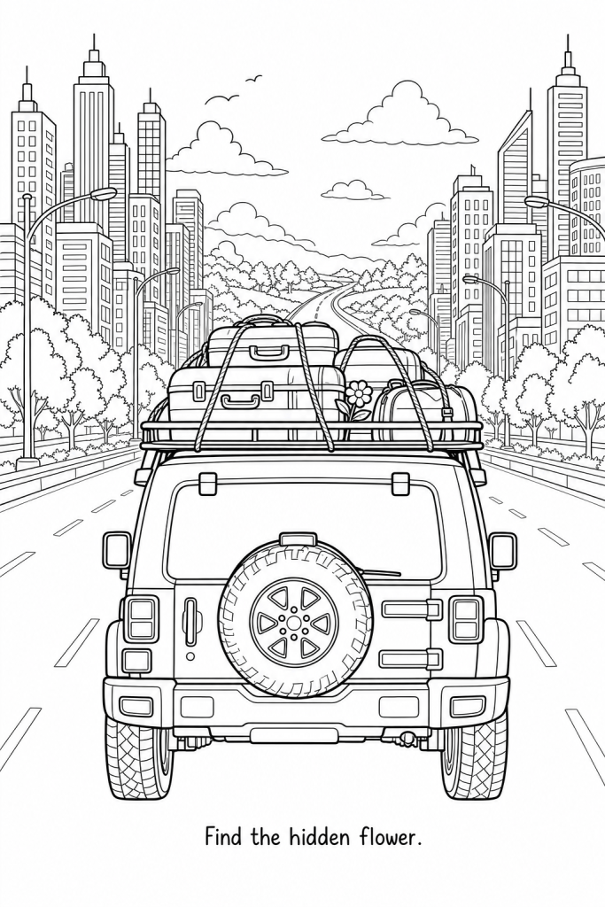 "Black-and-white coloring page of a luggage-packed SUV driving down a tree-lined road toward a city skyline, captioned 'Find the hidden flower.'"
