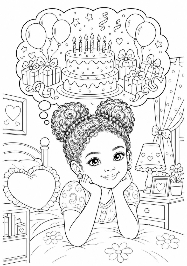 A young girl with curly hair resting her chin on her hands, looking dreamily at a thought bubble depicting a birthday cake with candles, balloons, and presents. The scene is set in a cozy bedroom with a heart-shaped decoration and a lamp.