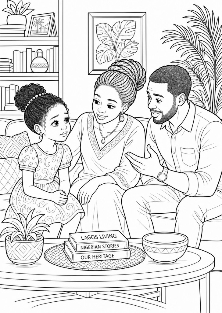 A family scene with a mother, father, and daughter engaging in conversation. The mother is wearing traditional clothing, while the father is dressed casually. The daughter, with curly hair, looks intrigued. They are sitting in a cozy living room filled with plants and books. A coffee table displays books titled 'Lagos Living,' 'Nigerian Stories,' and 'Our Heritage.'