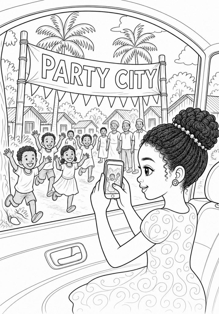 A girl in a curly hairstyle and a dress takes a selfie while sitting in a car, with a vibrant 'Party City' banner visible in the background. Children are joyfully running towards her, celebrating and waving.