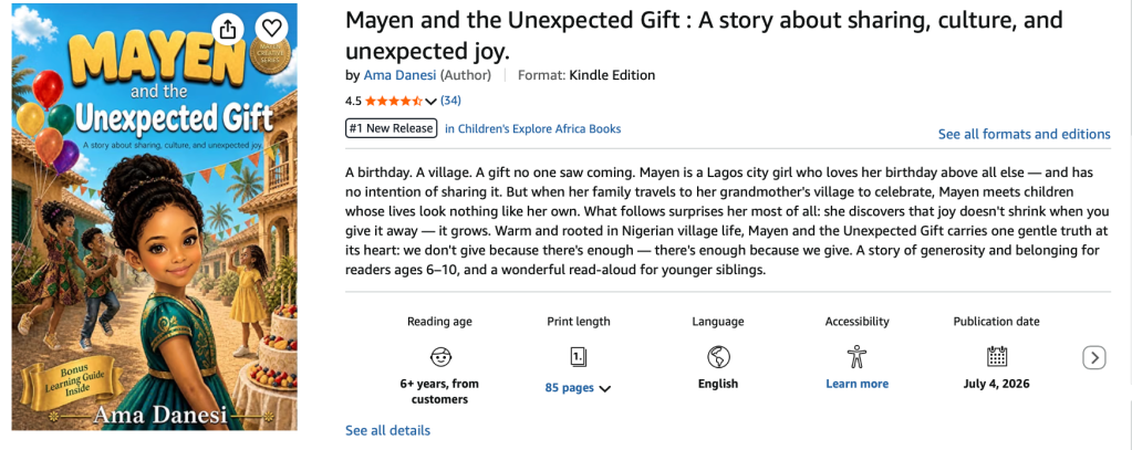 Book cover of 'Mayen and the Unexpected Gift' by Ama Danesi featuring a young girl with curly hair surrounded by balloons and a vibrant village scene.